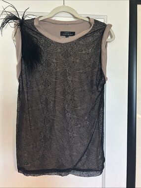 Robert Rodriguez Sheer Black Lace Overlay Top with Blush Trim